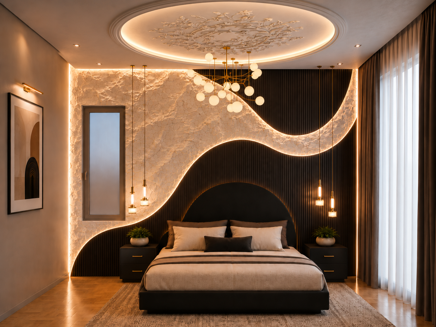 Luxury Bedroom with Wave Backlit Wall