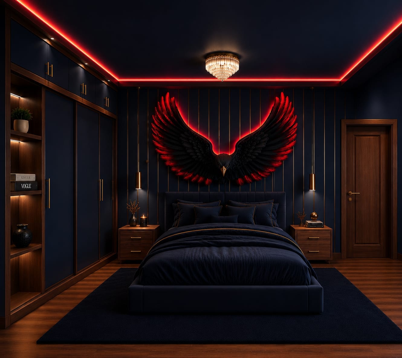 Bold Dark Bedroom with Neon Accent Wall