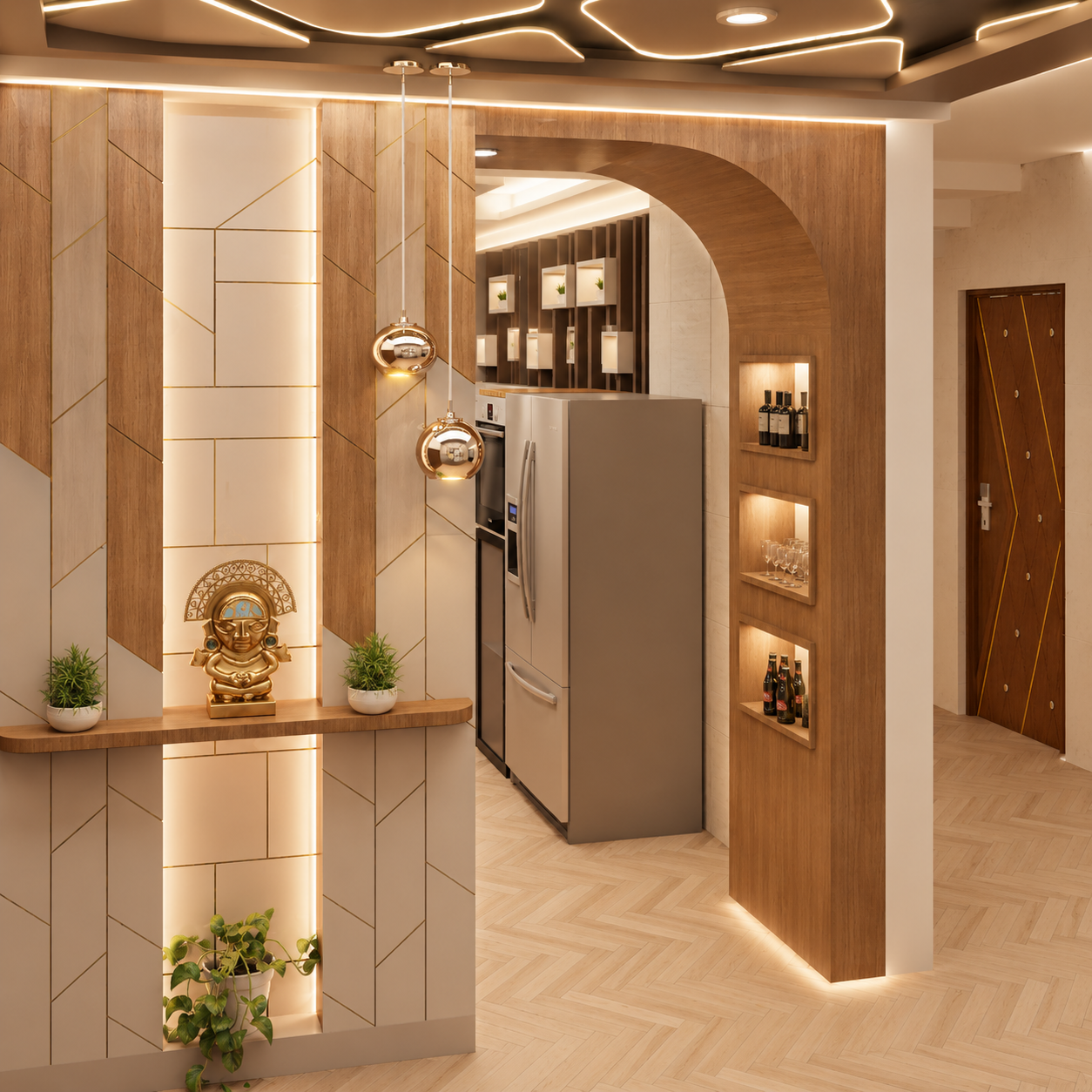 Arched Wood Partition with Niche Shelves