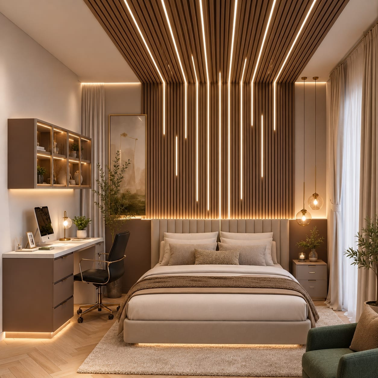 Master Bedroom with Slatted Wood Ceiling