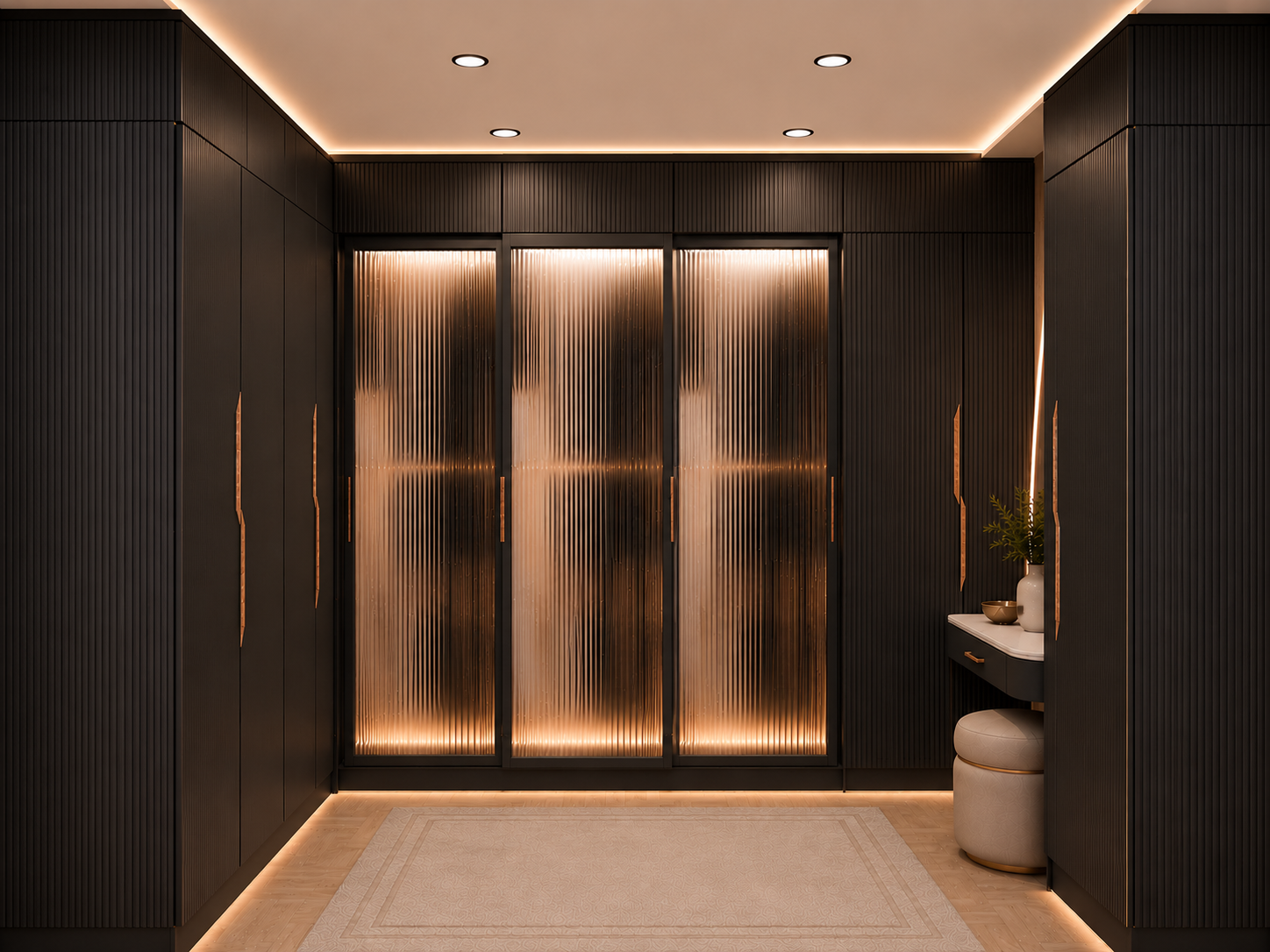 Dark Wardrobe with Fluted Glass Panels